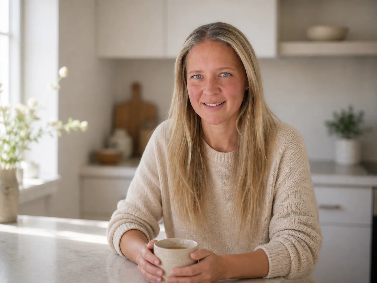 Amanda Callenberg holding a mug in a calm, light kitchen